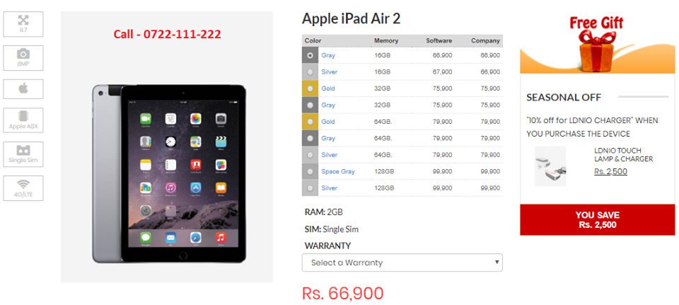 Dialcom SEASONAL OFFER  Apple iPad Air 2- Rs. 66,900/=  10% off for LDNIO CHARGER https://www.dialcom.lk/tablets_price_in_sri_lanka/apple/apple-ipad-air-2-air216gr.html